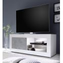 OTELLO - Meuble TV 1 Portes 2 Niches Finition Blanc Laqué et Aspect Béton avec Leds