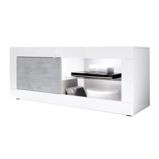 OTELLO - Meuble TV 1 Portes 2 Niches Finition Blanc Laqué et Aspect Béton avec Leds