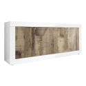 OTELLO - Buffet 4 Portes Finition Blanc Laqué et Aspect Bois Antik