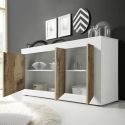 OTELLO - Buffet 3 Portes Finition Blanc Laqué et Aspect Bois Antik