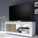 OTELLO - Meuble TV 1 Portes 2 Niches Blanc Laqué et Aspect Bois Antik avec Leds