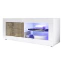 OTELLO - Meuble TV 1 Portes 2 Niches Blanc Laqué et Aspect Bois Antik avec Leds