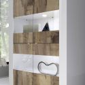 OTELLO - Vitrine 4 Portes Finition Blanc Laqué et Aspect Bois Antik avec Leds