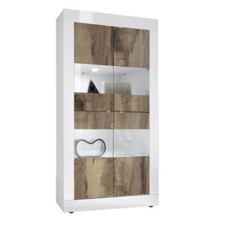 OTELLO - Vitrine 4 Portes Finition Blanc Laqué et Aspect Bois Antik avec Leds