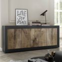 OTELLO - Buffet 4 Portes Finition Noir Mat et Aspect Bois Antik