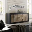 OTELLO - Buffet 2 Portes 3 Tiroirs Finition Noir Mat et Aspect Bois Antik