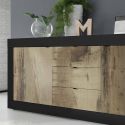 OTELLO - Buffet 2 Portes 3 Tiroirs Finition Noir Mat et Aspect Bois Antik