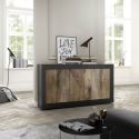 OTELLO - Buffet 3 Portes Finition Noir Mat et Aspect Bois Antik