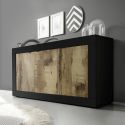 OTELLO - Buffet 3 Portes Finition Noir Mat et Aspect Bois Antik