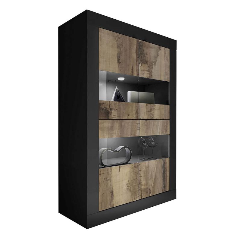 OTELLO - Vitrine 4 Portes Finition Noir Mat et Aspect Bois Antik avec Leds