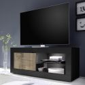 OTELLO - Meuble TV 1 Portes 2 Niches Noir Mat et Aspect Bois Antik avec Leds