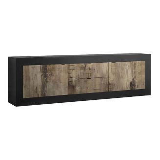 OTELLO - Buffet bas 2 Portes 2 Tiroirs Finition Noir Mat et Aspect Bois Antik