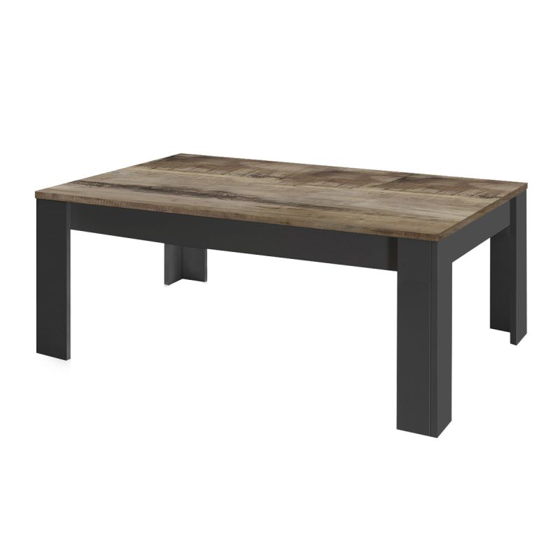 OTELLO - Table Basse Rectangulaire Noir Mat Plateau Aspect Bois Antik