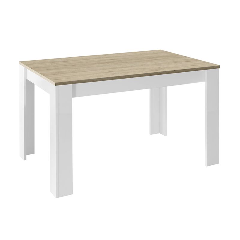 CADIZ - Table Repas Extensible Blanc Laqué Brillant Plateau Aspect Bois Cadiz