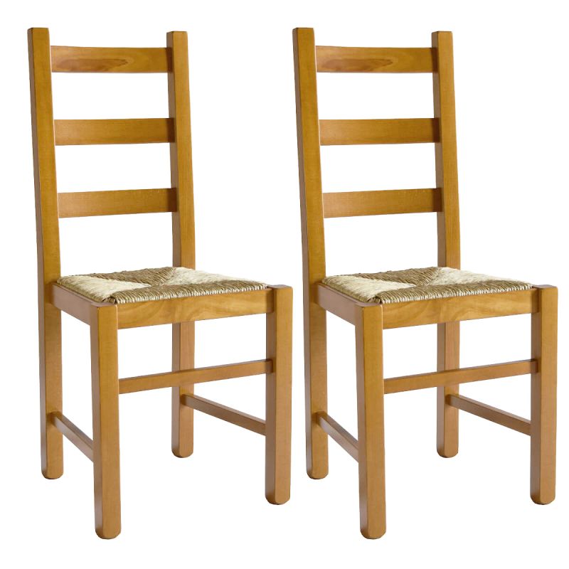 ORTA - Lot de 2 Chaises Teinté Chêne et Assises en Paille