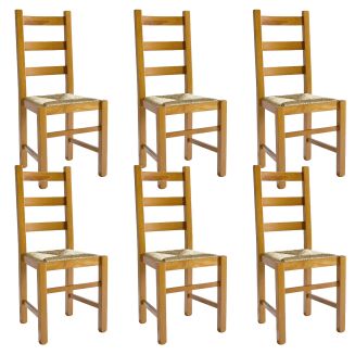 ORTA - Lot de 6 Chaises Teinté Chêne et Assises en Paille