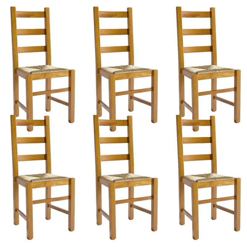 ORTA - Lot de 6 Chaises Teinté Chêne et Assises en Paille