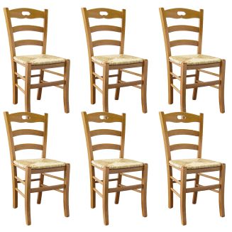 SUZY - Lot de 6 Chaises Teinté Chêne et Assises en Paille