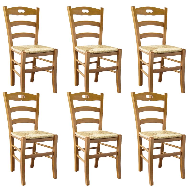 SUZY - Lot de 6 Chaises Teinté Chêne et Assises en Paille