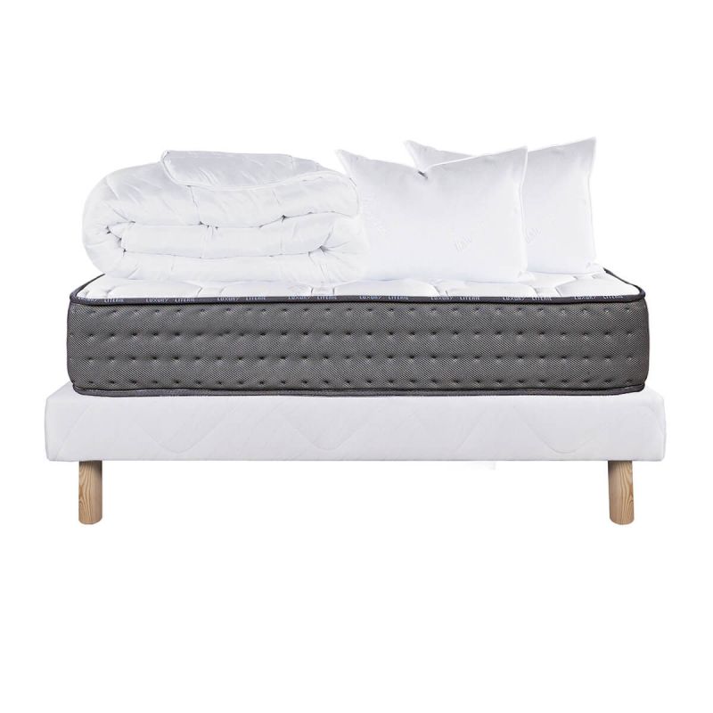 ZENITH - Pack Matelas + Sommier Tapissier Blanc 140x190 cm + 2 Oreillers + 1 Couette