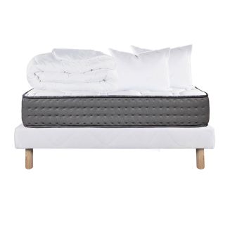 ZENITH - Pack Matelas+ Sommier Tapissier Blanc 160x200 cm + 2 Oreillers + 1 Couette