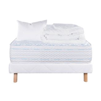 THELIO - Pack Matelas + Sommier Tapissier Blanc 90x190 cm + 1 Oreiller + 1 Couette