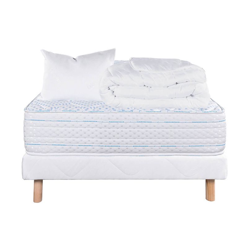 THELIO - Pack Matelas + Sommier Tapissier Blanc 90x190 cm + 1 Oreiller + 1 Couette