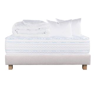 THELIO - Pack Matelas + Sommier Tapissier Beige 140x200 cm + 2 Oreillers + 1 Couette