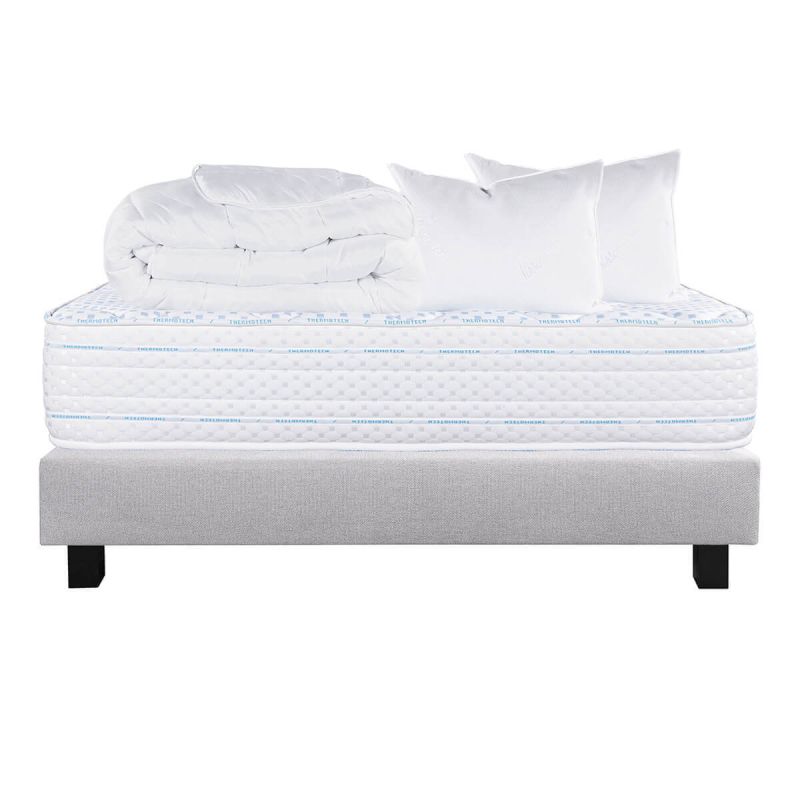 THELIO - Pack Matelas + Sommier Tapissier Gris 140x190 cm + 2 Oreillers + 1 Couette