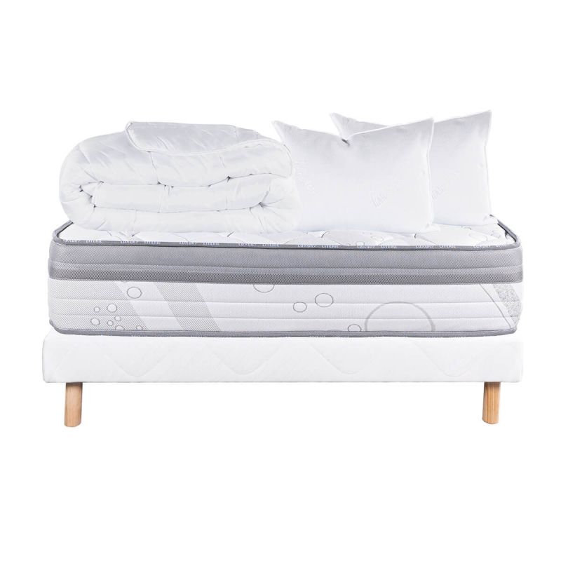 REINALD - Pack Matelas + Sommier Tapissier Blanc 140x190 cm + 2 Oreillers + 1 Couette