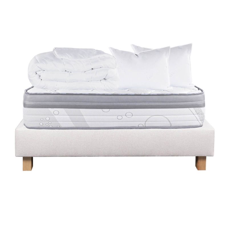 REINALD - Pack Matelas + Sommier Tapissier Beige 140x190 cm + 2 Oreillers + 1 Couette