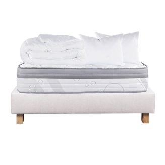 REINALD - Pack Matelas + Sommier Tapissier Beige 160x200 cm + 2 Oreillers + 1 Couette