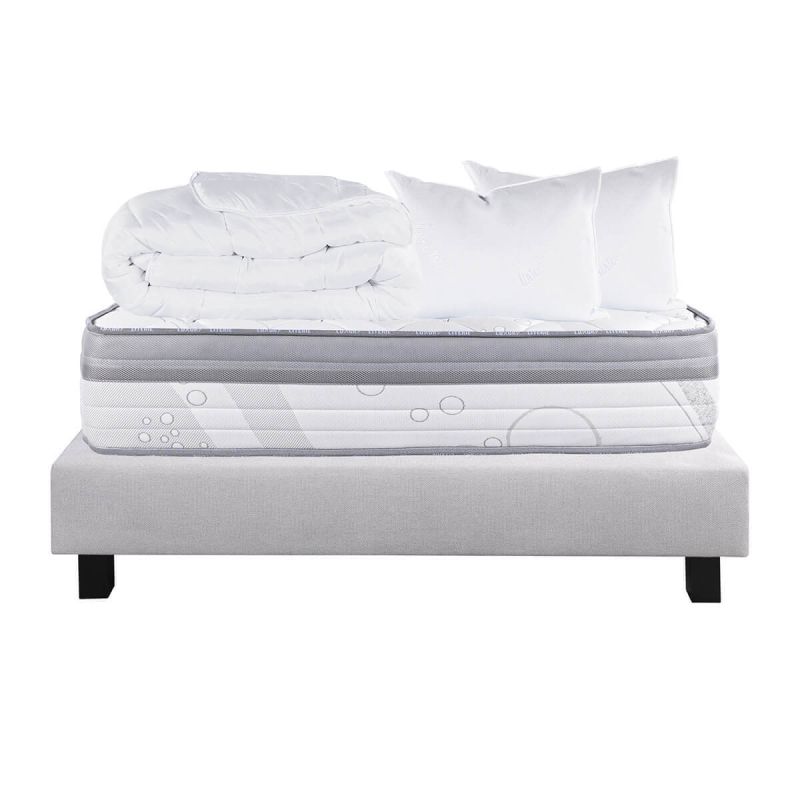 REINALD - Pack Matelas + Sommier Tapissier Gris 140x190 cm + 2 Oreillers + 1 Couette