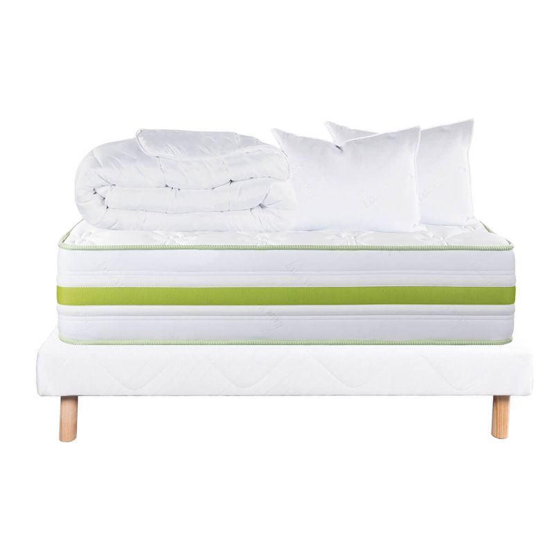 REVA - Pack Matelas + Sommier Tapissier Blanc 140x190 cm + 2 Oreillers + 1 Couette