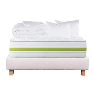 REVA - Pack Matelas + Sommier Tapissier Beige 140x190 cm + 2 Oreillers + 1 Couette