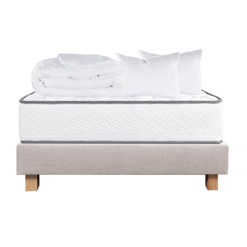 IZAC - Pack Matelas + Sommier Tapissier Beige 160x200 cm + 2 Oreillers + 1 Couette