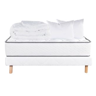 IZAC - Pack Matelas+ Sommier Tapissier Blanc 160x200 cm + 2 Oreillers + 1 Couette