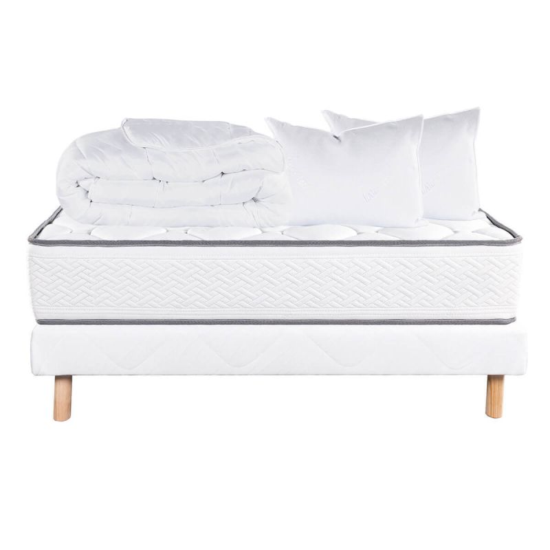 IZAC - Pack Matelas + Sommier Tapissier Blanc 140x190 cm + 2 Oreillers + 1 Couette