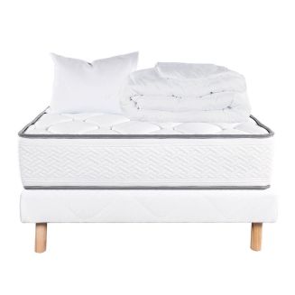 IZAC - Pack Matelas + Sommier Tapissier Blanc 90x190 cm + 1 Oreiller + 1 Couette