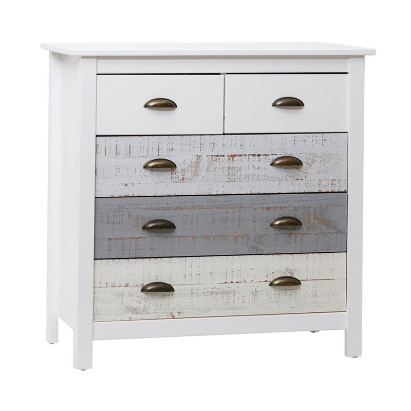 ROSALIA - Commode 5 Tiroirs Bois Aspect Vieilli Blanc et Grisé