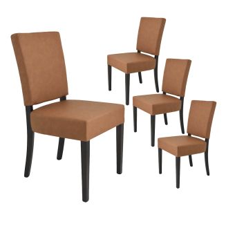 ALBA - Lot de 4 Chaises Simili Cuir Cognac Piètement en Hêtre Teinté Wengé