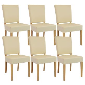 ALBA - Lot de 6 Chaises Simili Cuir Ivoire Piètement en Hêtre Naturel