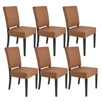 ALBA - Lot de 6 Chaises Simili Cuir Cognac Piètement en Hêtre Teinté Wengé