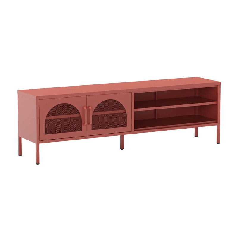 OLIVIA - Meuble TV 160 cm 2 Portes Ajourées 2 Niches en Métal Terracotta