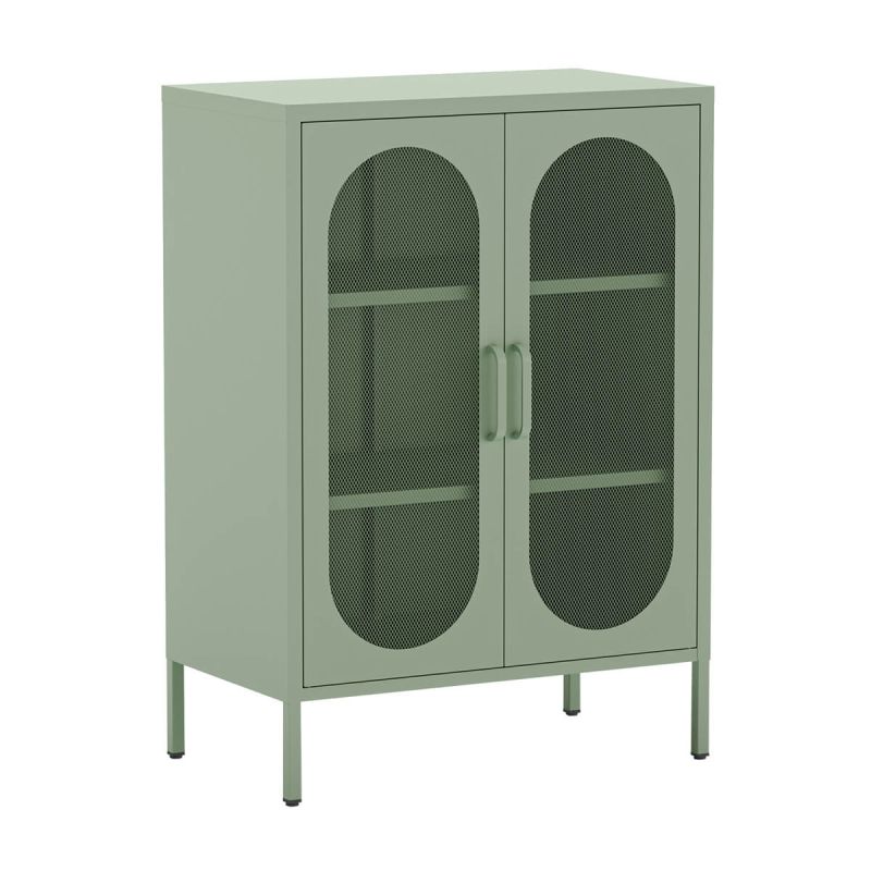 OLIVIA - Meuble d'appoint 2 Portes Ajourées en Métal Vert Menthe