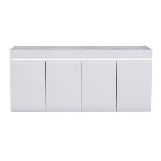 CHRIS WHITE - Buffet 4 Portes Laqué Blanc Brillant Plateau Imitation Marbre avec Led