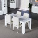 CHRIS WHITE - Table Repas Laquée Blanc Brillant Plateau Imitation Marbre