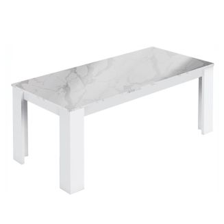 CHRIS WHITE - Table Repas Laquée Blanc Brillant Plateau Imitation Marbre