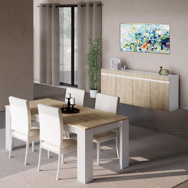 CHRIS OAK - Séjour Table + Buffet Laqué Blanc Brillant Aspect Bois