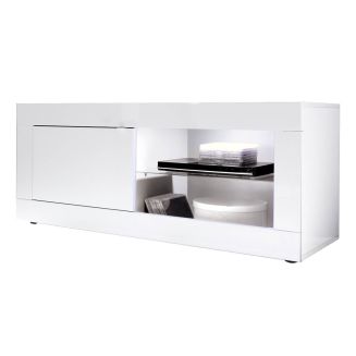 OTELLO - Meuble TV 1 Portes 2 Niches Finition Blanc Laqué Weiss avec Leds